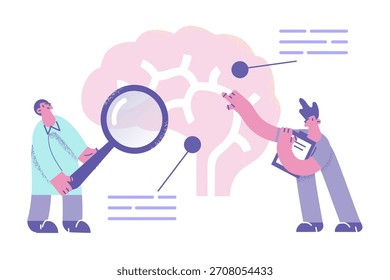 Investigación del concepto de cerebro humano. Dos jóvenes doctores científicos de pie haciendo investigación del cerebro humano con la lupa juntos Ilustración vectorial