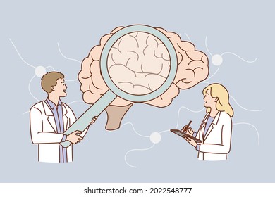 Research of human brain concept. Young man and woman doctors scientists standing looking at huge human brain making notes together vector illustration 