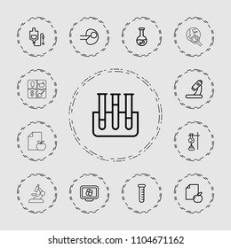 Research icon. collection of 13 research outline icons such as test tube, paper and apple, drop counter, microscope, core. editable research icons for web and mobile.