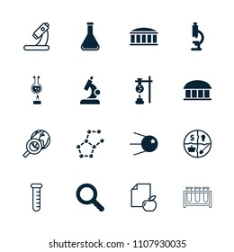 Research icon. collection of 16 research filled and outline icons such as observatory, microscope, test tube, search, core. editable research icons for web and mobile.
