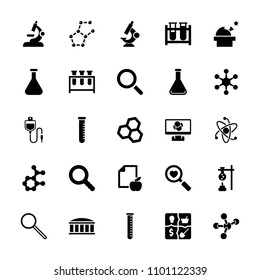 Research icon. collection of 25 research filled icons such as test tube, chemical structure, paper and apple, heart search, virus. editable research icons for web and mobile.