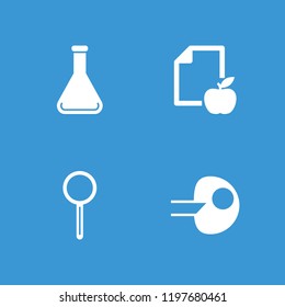 Research icon. collection of 4 research filled icons such as paper and apple, magnifier, test tube. editable research icons for web and mobile.