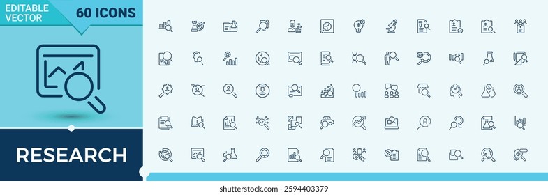 Research icon collection. Pack of research, seek, discovery, element, on, glass, investigate and more. Icons for design. Minimalist icon collections.