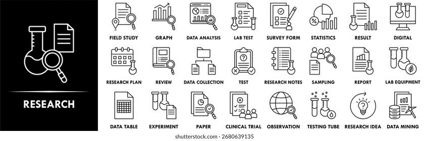 Conjunto de colección de íconos de investigación. Contiene tecnología de diseño, negocio, profesional, análisis, trabajo, datos