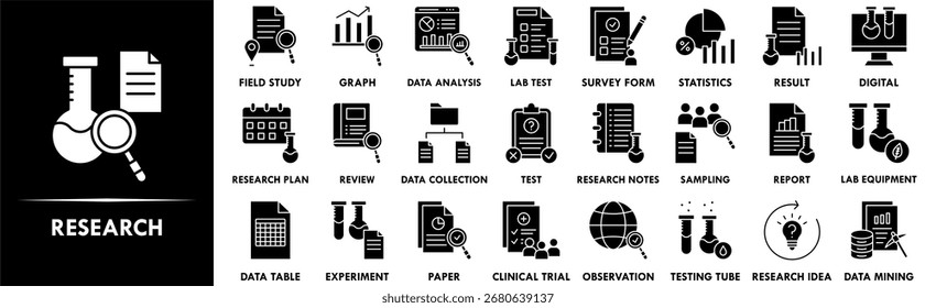Sammlung von Recherchesymbolen Enthaltend Design-Technologie, Business, professionell, Analyse, Arbeit, Daten