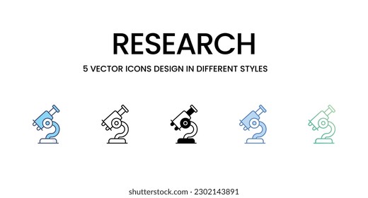 Research Icon Design in Five style with Editable Stroke. Line, Solid, Flat Line, Duo Tone Color, and Color Gradient Line. Suitable for Web Page, Mobile App, UI, UX and GUI design.
