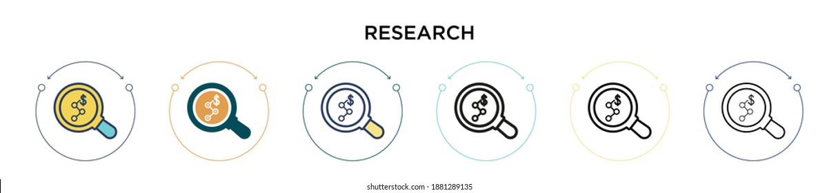 Icono de investigación en el estilo relleno, delgado, contorno y trazo. Ilustración vectorial de dos iconos vectoriales de investigación coloreados y negros se puede utilizar para móviles, ui, web