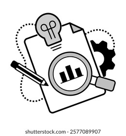 Research Icon – Magnifying Glass with Document, Pencil, and Gear Representing Investigation and Analysis
