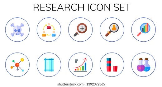 research icon set. 10 flat research icons.  Collection Of - virus, molecule, collaboration, margin, zoom in, diagram, search, glass, analytics, potions