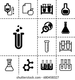 Research icon. set of 13 filled and outline research icons such as test tube, drop counter, heart test tube, globe search, atom