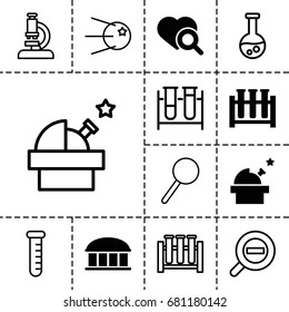 Research icon. set of 13 filled and outline research icons such as observatory, heart search, test tube, magnifier, zoom out, microscope