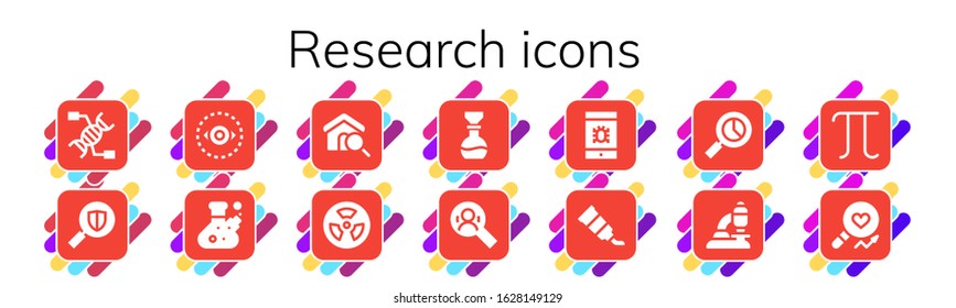 research icon set. 14 filled research icons.  Simple modern icons such as: Dna, Search, Vision, Flask, Radiation, Virus, Tube, Microscope, Pi, Analysis