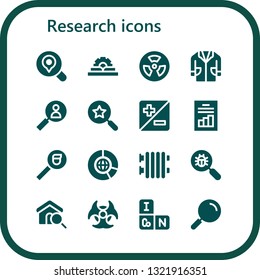 research icon set. 16 filled research icons.  Simple modern icons about  - Search, Manual, Radioactive, Lab coat, Zoom, Analytics, Big data, Radiator, Virus search, Biohazard