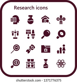 research icon set. 16 filled research icons.  Simple modern icons about  - Intellectual, Flask, Search, Analytics, Test tube, Components, Research, Zoom out, Stem, Virus, Development