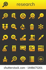 research icon set. 26 filled research icons.  Collection Of - Magnifying glass, Search, Research, Big data, Analysis, Zoom out, Test tube, Microscope, Glass, Atomic, Pipette, Flask