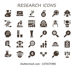 research icon set. 30 filled research icons.  Simple modern icons about  - Flask, Analytics, Test tube, Virus, Magnifying glass, Dna, Microscope, Parasite, Chemical reaction, Search