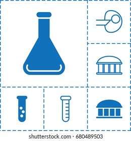 Research icon. set of 6 research filled and outline icons such as observatory, test tube