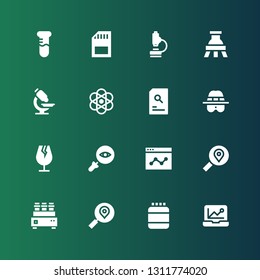 research icon set. Collection of 16 filled research icons included Analytics, Protein, Search, Test tube, Glass, Detective, Atomic, Microscope, Flask, Sd