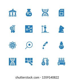 research icon set. Collection of 16 filled research icons included Test tube, Flask, Pipette, Dna, Potion, Search, Physics, Strategy, Sd, University