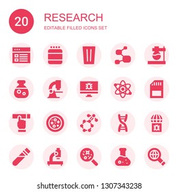 research icon set. Collection of 20 filled research icons included Analytics, Protein, Glass, Molecule, Flask, Potion, Microscope, Virus, Atom, Sd, Searching, Petri dish, Dna