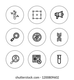 Research icon set. collection of 9 outline research icons with atom, dna, marketing, search, selection icons. editable icons.