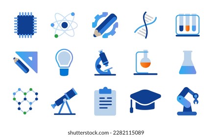 Conjunto de iconos de investigación colección de tecnología de bioquímica sonda laboratorio de probetas de tubo de astronomía académico y robótico