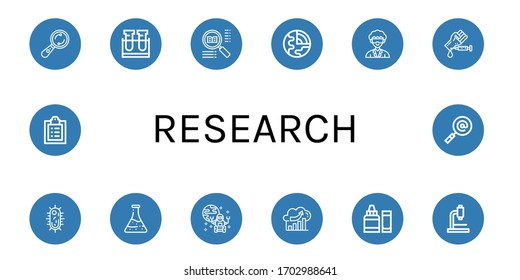 conjunto de iconos de investigación. Colección de exámenes, probeta, búsqueda, geología, investigador, análisis de sangre, virus, frasco, sobreno, análisis, ph-metro, microscopio, iconos de registros médicos