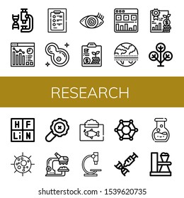 research icon set. Collection of Laboratory, Analytics, Diagnosis, Bacteria, Vision, Equator, Phylogenetic, Periodic table, Virus, Search, Research, Ecosystem, Microscope icons