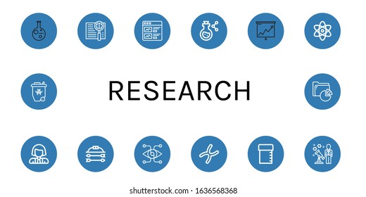 research icon set. Collection of Research, Search, Products, Flask, Analysis, Atomic, Scientist, Bow and arrow, Vision, Chromosome, Sample tube, Stargazing, Radioactive icons