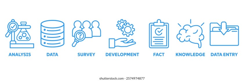 Research icon set illustration concept with icon of analysis, data, survey, development, fact, knowledge, data entry