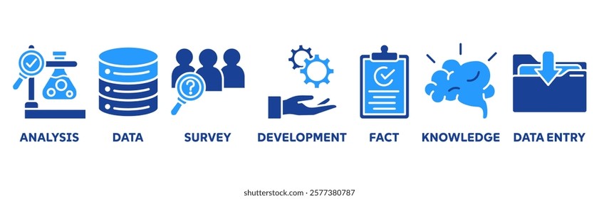 Research icon set illustration concept with icon of analysis, data, survey, development, fact, knowledge, data entry