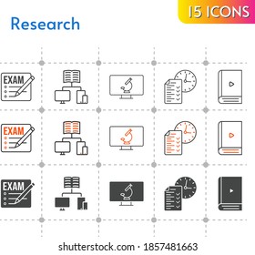 research icon set. included exam, ebook, test, school, microscope icons on white background. linear, bicolor, filled styles.
