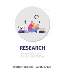 Icono de investigación con un joven buscando información sobre la idea de negocio, ilustración vectorial plana aislada en blanco. Plan de desarrollo de caracteres para el inicio.