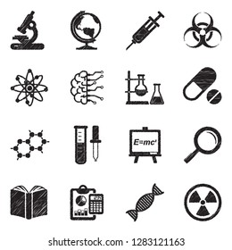 Research Icons. Black Scribble Design. Vector Illustration.