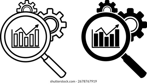 Ícones de pesquisa. Ilustração de vetor em preto e branco. Gráfico de Crescimento da Receita e Lupa. Coletando, analisando e usando informações de mercado. Conceito de Marketing Digital