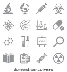Research Icons. Gray Flat Design. Vector Illustration.