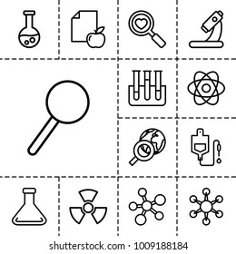 Research icons. set of 13 editable outline research icons such as paper and apple, drop counter, microscope, atom, test tube, heart search, globe search, magnifier, virus