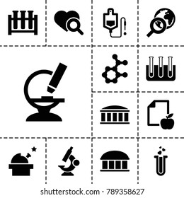 Research icons. set of 13 editable filled research icons such as observatory, paper and apple, drop counter, heart search, test tube, atom, heart test tube, globe search