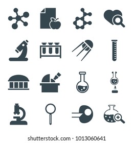 Research icons. set of 16 editable filled research icons such as observatory, heart search, microscope, core, atom, test tube, magnifier, test tube search