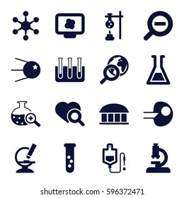 research icons set. Set of 16 research filled icons such as observatory, drop counter, heart search, microscope, test tube, test tube search, zoom out, globe search, core