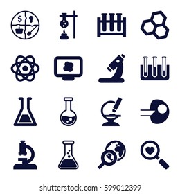 research icons set. Set of 16 research filled icons such as microscope, heart search, test tube, globe search, marketing, atom, core, atom on display