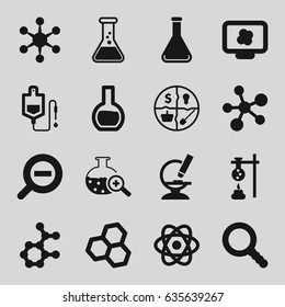 Research icons set. set of 16 research filled icons such as drop counter, microscope, test tube search, test tube, search, zoom out, marketing, atom, atom on display