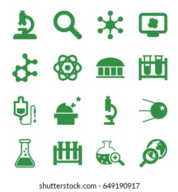 Research icons set. set of 16 research filled icons such as observatory, test tube, drop counter, test tube search, search, globe search, atom, microscope, core