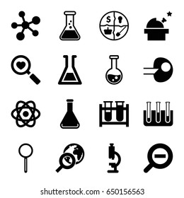 Research icons set. set of 16 research filled icons such as test tube, heart search, magnifier, zoom out, globe search, marketing, atom, core, observatory