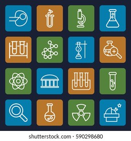 research icons set. Set of 16 research outline icons such as observatory, test tube, heart test tube, test tube search, search, radiation, microscope, atom