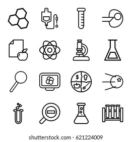 Research icons set. set of 16 research outline icons such as paper and apple, drop counter, heart test tube, magnifier, test tube, zoom out, atom, core, microscope