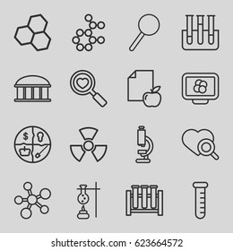 Research icons set. set of 16 research outline icons such as observatory, paper and apple, heart search, test tube, magnifier, radiation, microscope, atom, atom on display