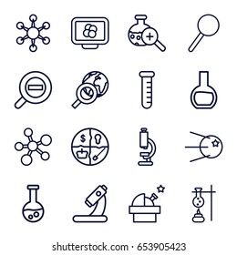 Research icons set. set of 16 research outline icons such as microscope, magnifier, test tube search, test tube, zoom out, atom, core, observatory, atom on display, virus