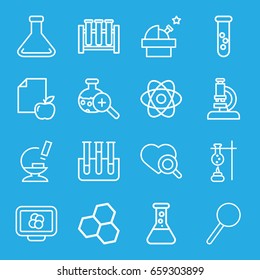 Research icons set. set of 16 research outline icons such as paper and apple, heart search, microscope, test tube, magnifier, test tube search, atom, observatory