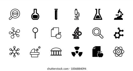 Research icons. set of 18 editable filled and outline research icons: atom, magnifier, test tube, radiation, observatory, microscope, paper and apple, virus, search